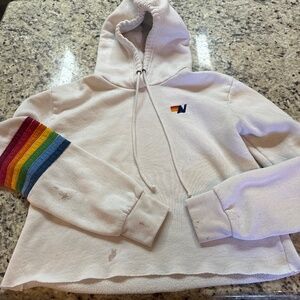 Aviator Nation Size medium white sweatShirt with rainbow sleeve